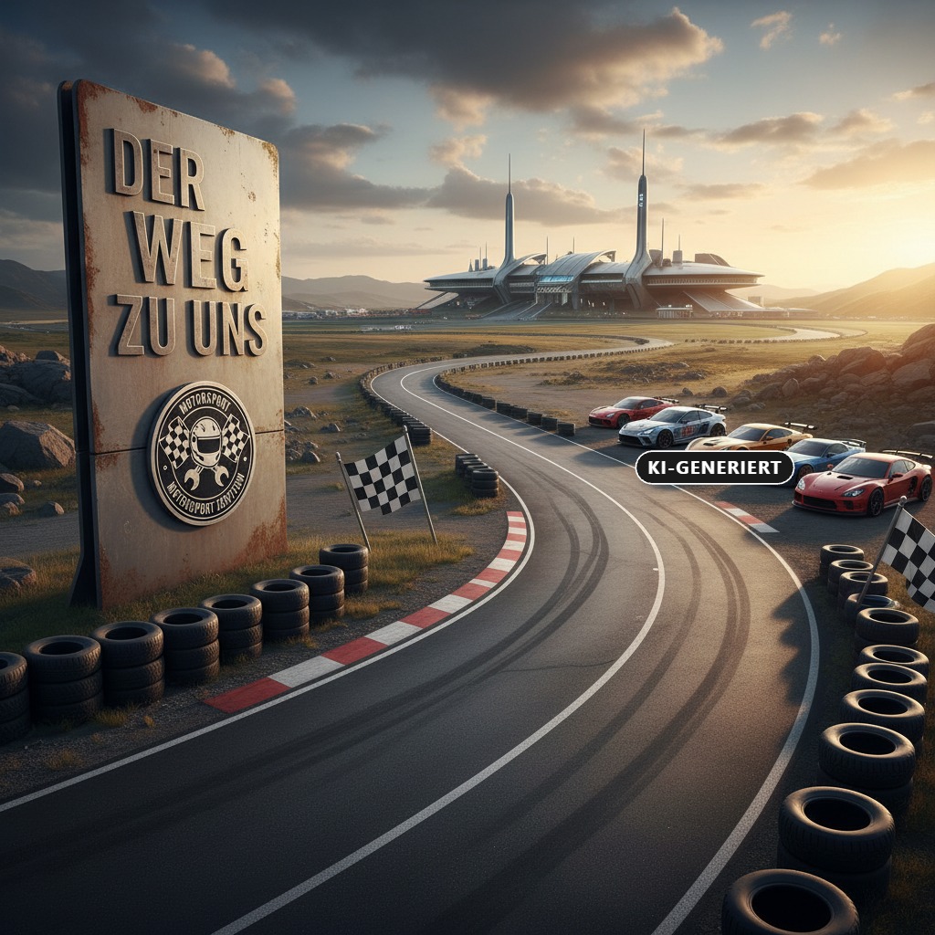 Ein Schild mit der Aufschrift „Der Weg zu uns“ steht neben einer Rennstrecke, die zu einem futuristischen Gebäude am Horizont führt. (KI-generiert)